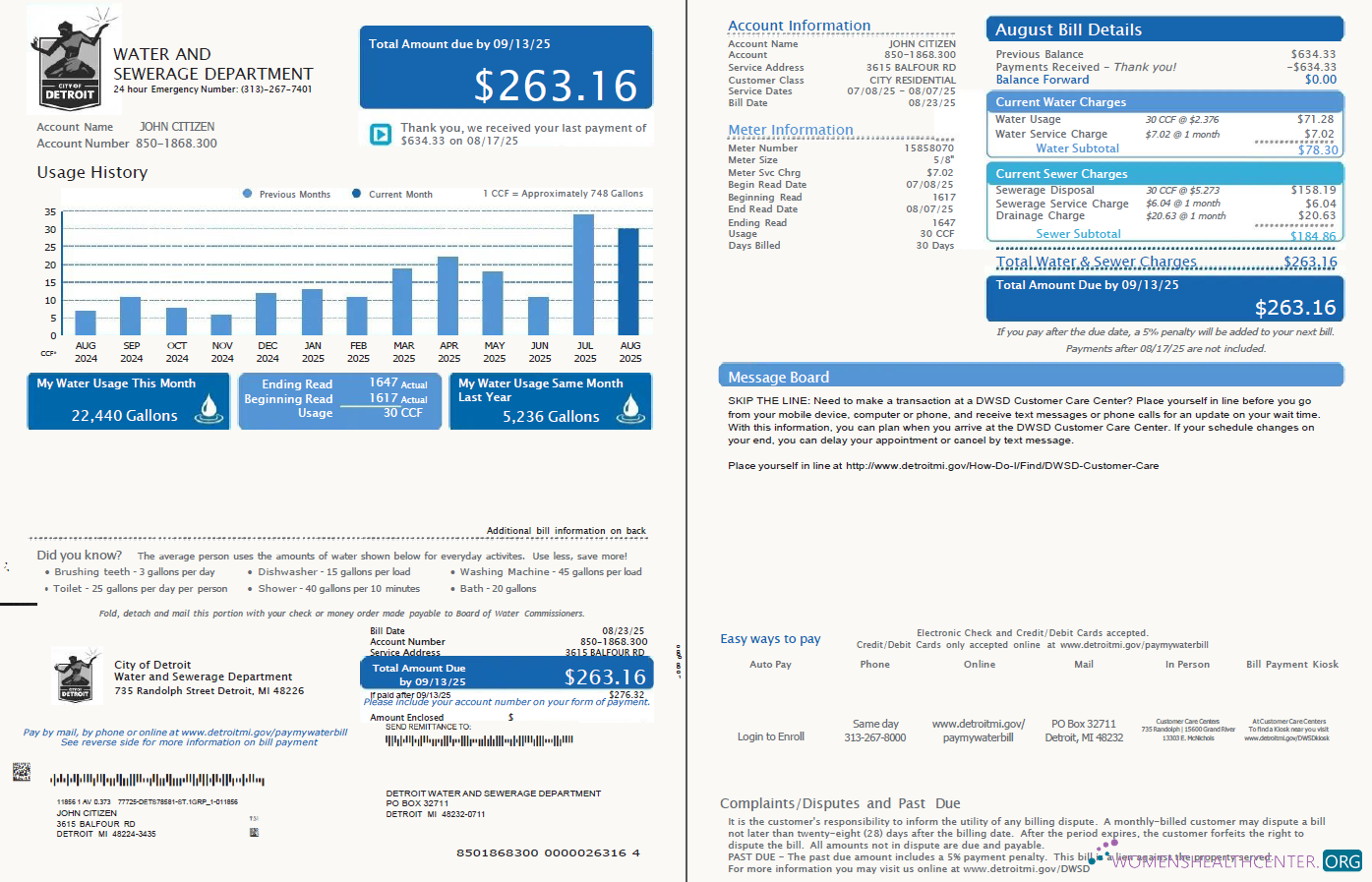 USA Detroit Water and Sewerage Department utility bill template in Word and PDF formats, 2 pages, version 5